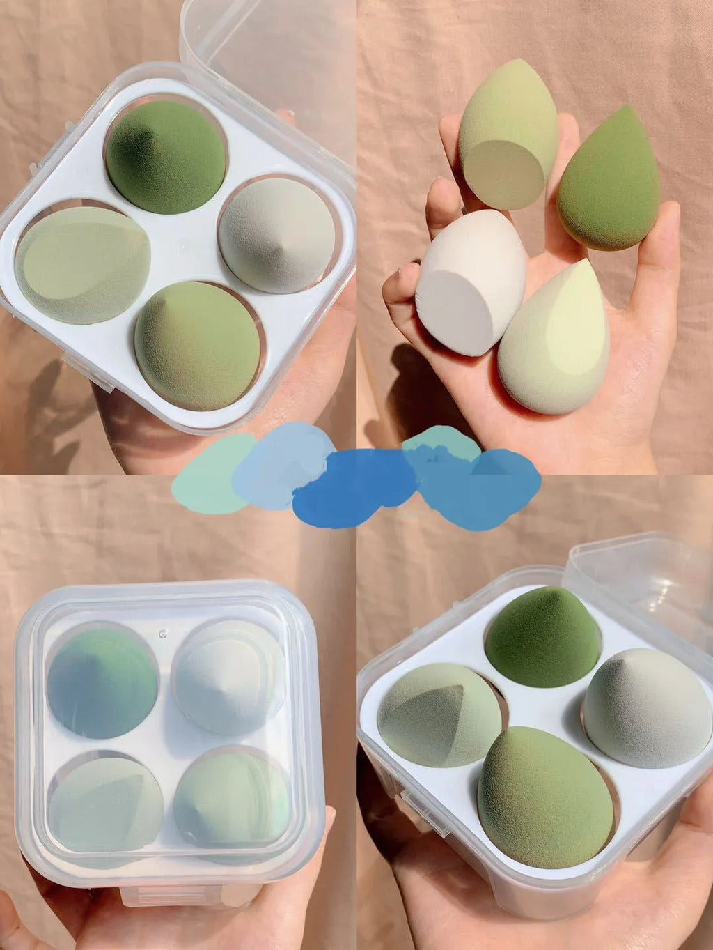 Four makeup sponge eggs in colours grape, mango, mint, and peach on a white background.