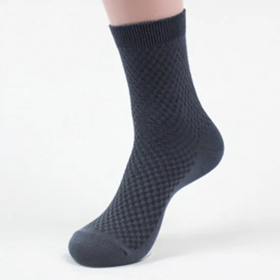 Men's bamboo fibre business socks with small square pattern in black, navy blue, and grey colours.