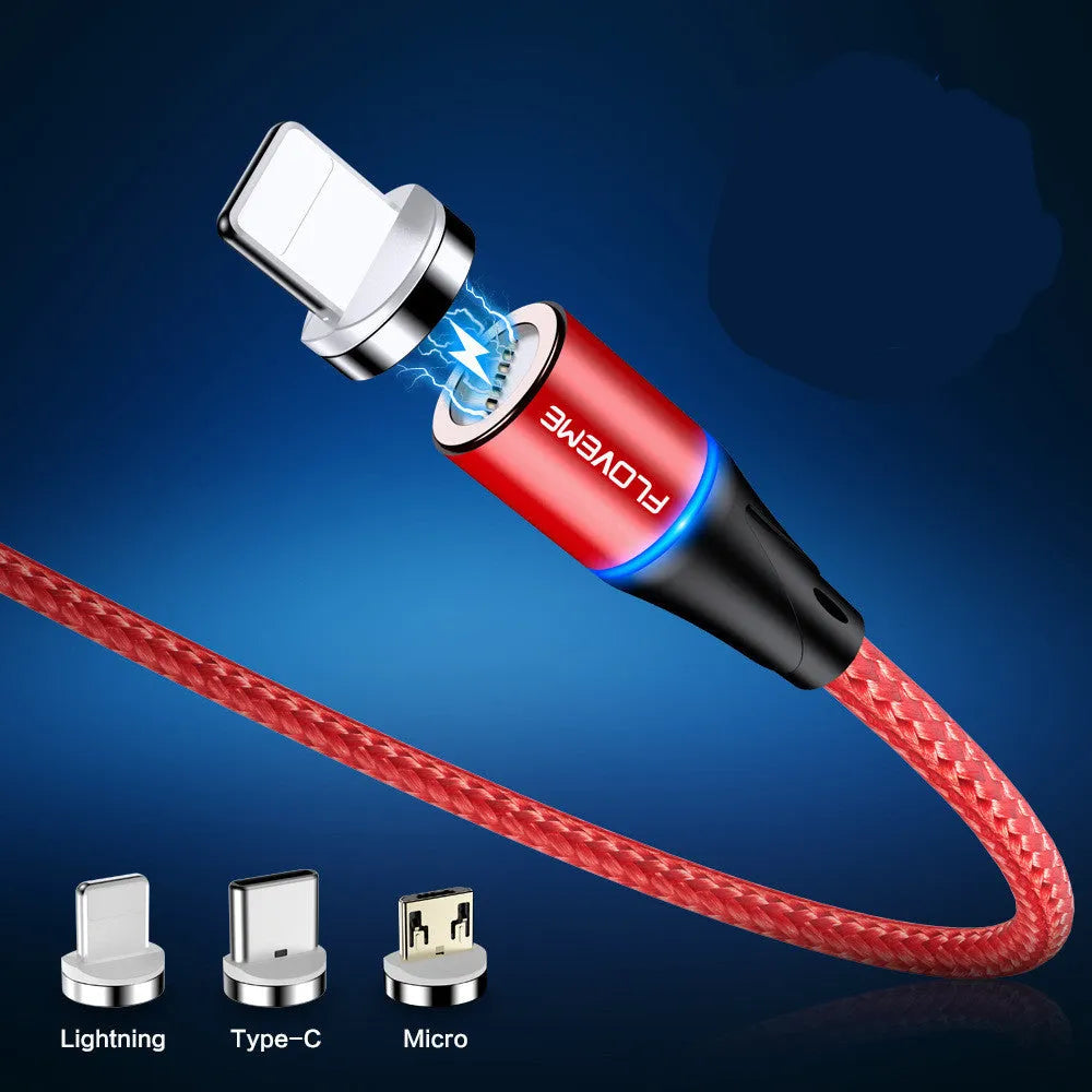 Magnetic USB fast charge and data cable for iPhone and Android phones in black, red, or silver.