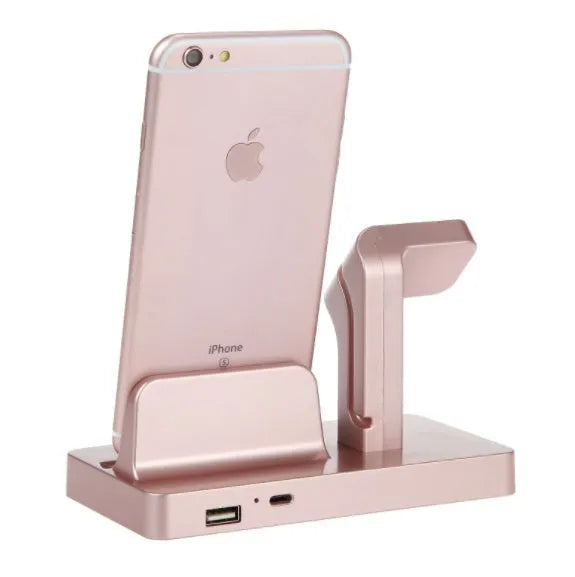 White 2-in-1 charging dock station holding iPhone and Apple Watch with cable management cutout