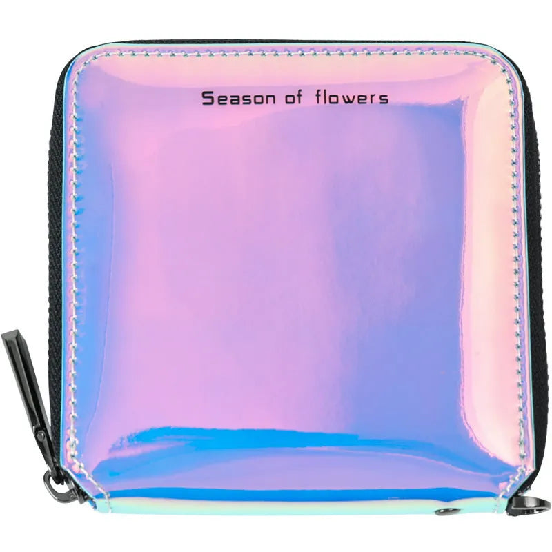 Short square folding wallet in glitter, blue, or green PU leather, showing 11cm size.