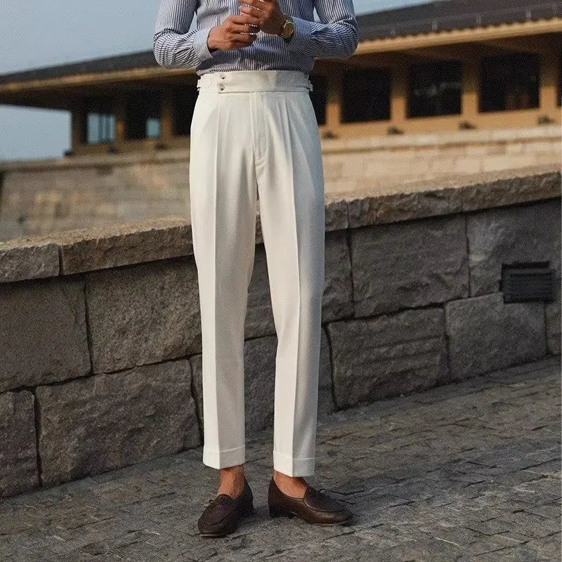 Men's slim fit straight leg suit trousers in black, white, or apricot colour.