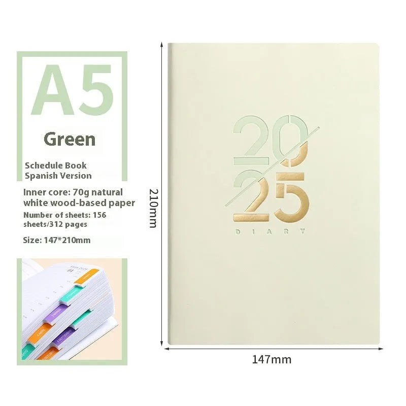 A5 soft faux leather daily schedule book open showing Dorian paper pages