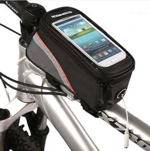 ROSWHEEL waterproof PVC bicycle frame bag for iPhone in black, blue, red colours showing three size options
