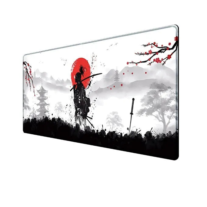 Japanese Samurai design cloth gaming mouse pad with non-slip base on a desk.