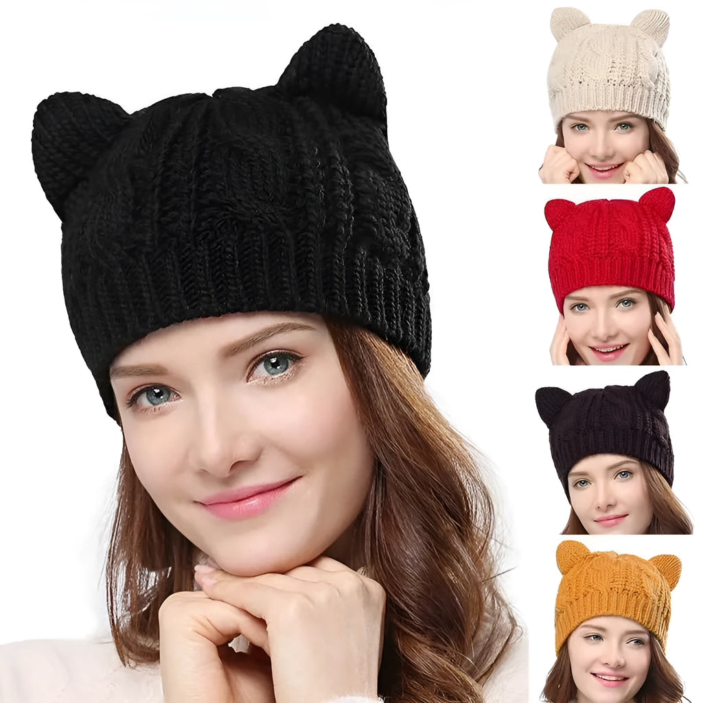 Hand made 3D cat ear knitted winter beanie in wool material showing multiple colour options