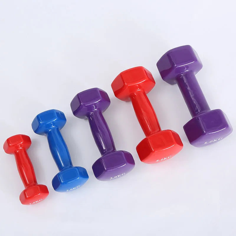 Bright colour plastic-coated fitness dumbbells in 0.5KG, 1KG and 1.5KG weights for floor-protected home workouts