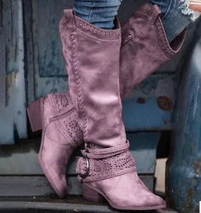 Women's suede knight boots high-top with metal buckle available in black and other colours