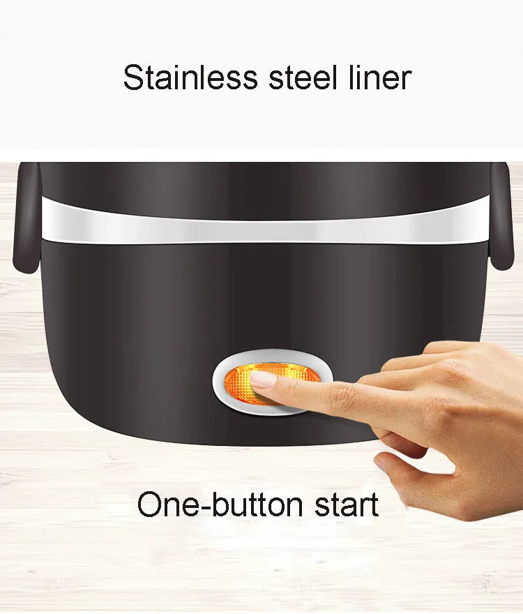 USB-powered electric lunch box showing two-layer and three-layer container options for food heating