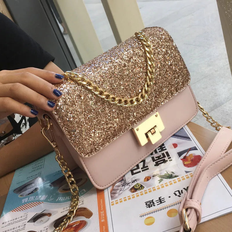 Women's small square sequined PU tote bag with lock closure and adjustable shoulder strap in pink, wathet, and black
