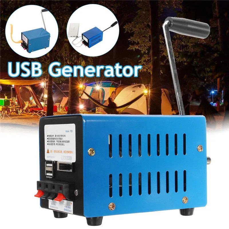 Blue metal USB hand crank emergency power generator with multiple voltage outputs