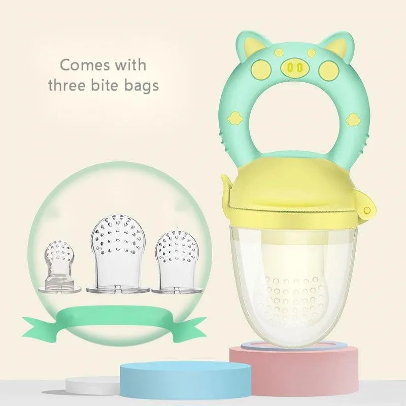 Soft silicone baby teether in blue, green, and pink colours with one or three mouthpiece options.