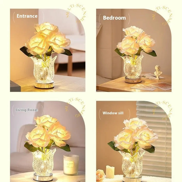 Crystal flowers rechargeable touch control table lamp with dimming function on wooden surface