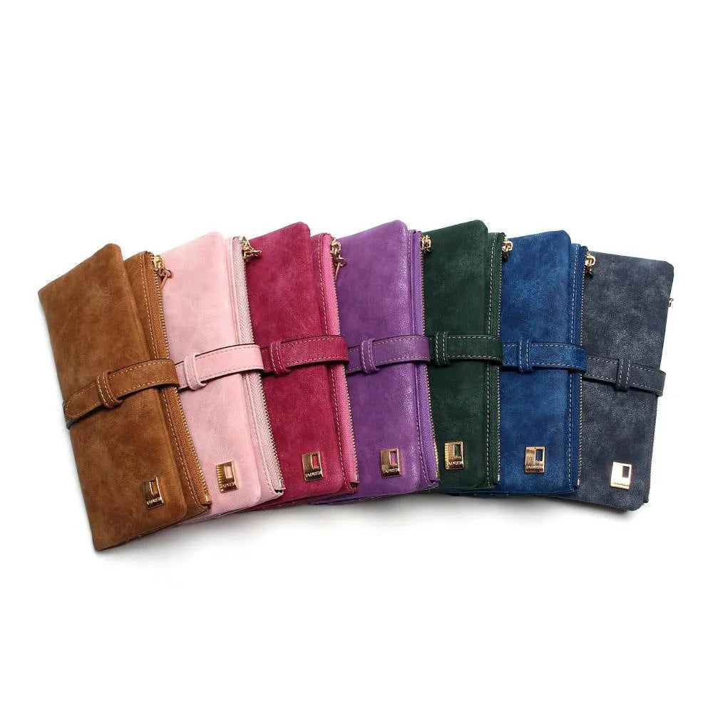 Korean-style retro matte Pu leather long wallet with two-fold draw design and zip closure