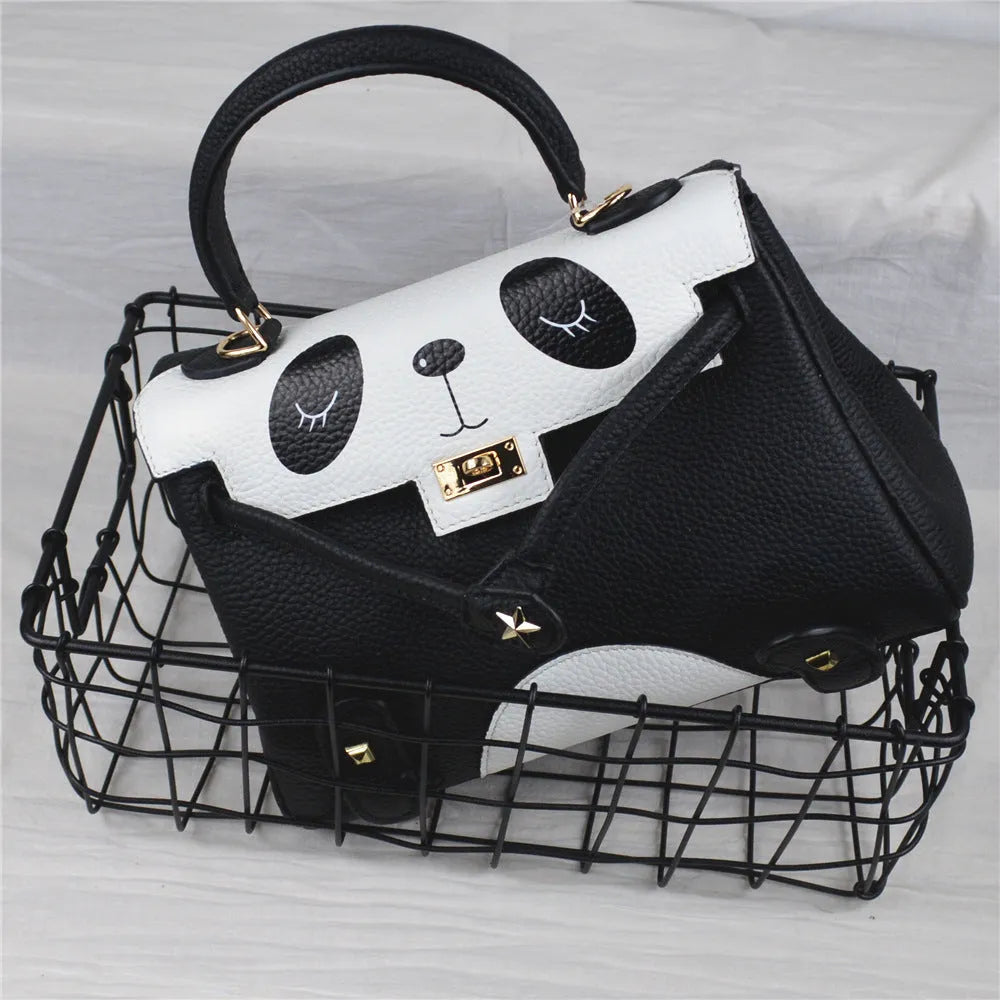 Panda print cowhide leather handbag in horizontal square shape with sweet lady animal pattern