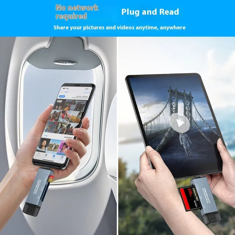 Compact aluminium alloy three-in-one card reader for CF, SD, and TF memory cards with USB and Type-C plugs.