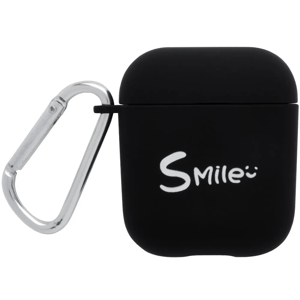 Black and pink Apple AirPods protective case with decorative back cover showing flower and smiley face designs