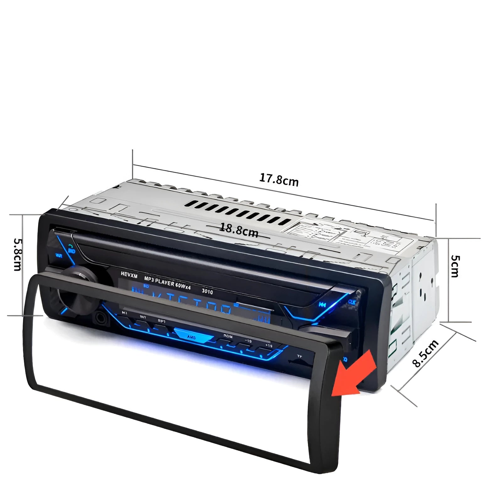 Car radio MP3 player with Bluetooth, USB port, TF card slot, LCD display, and rotary volume control