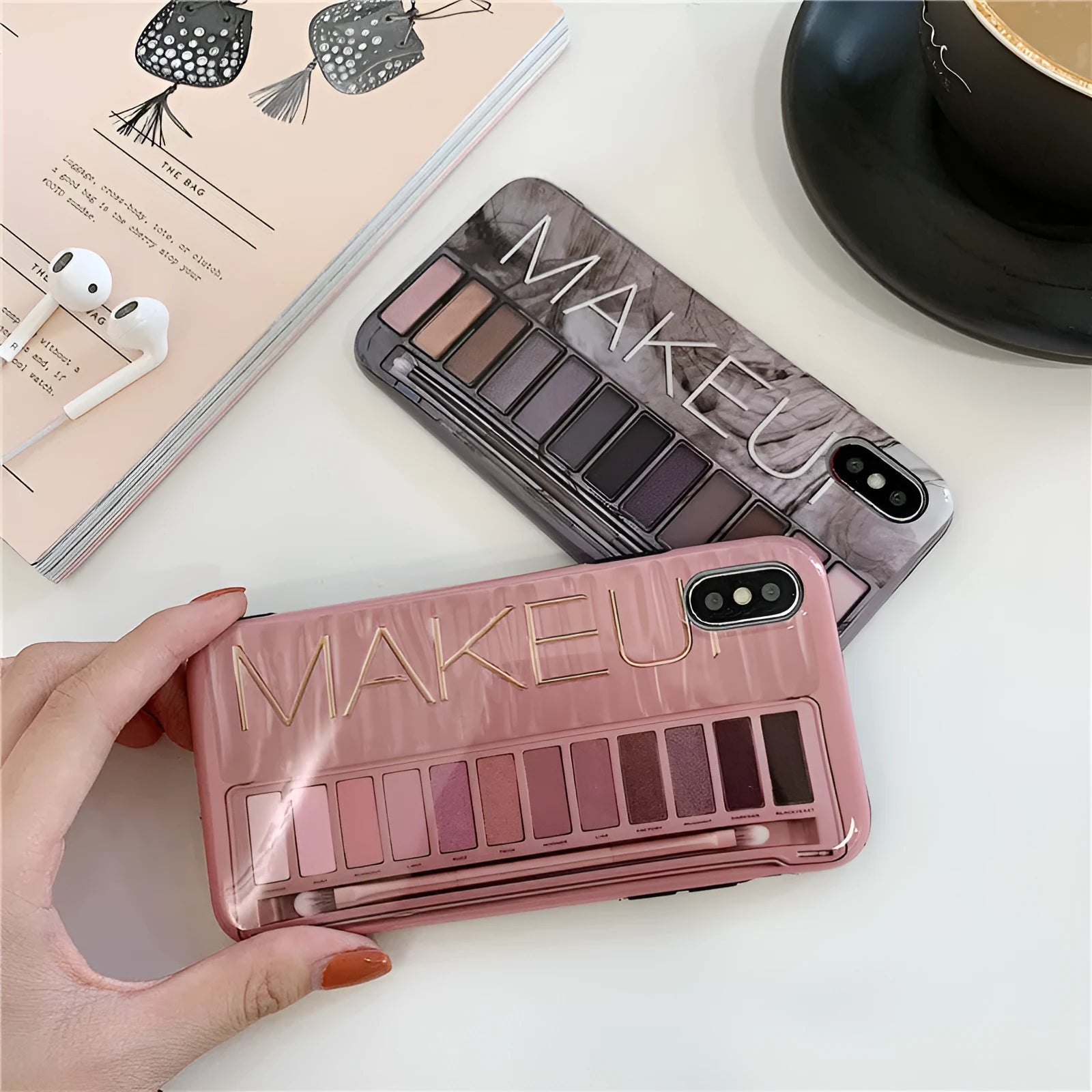 Silicone iPhone case with abstract eye shadow artwork in flesh and grey colours