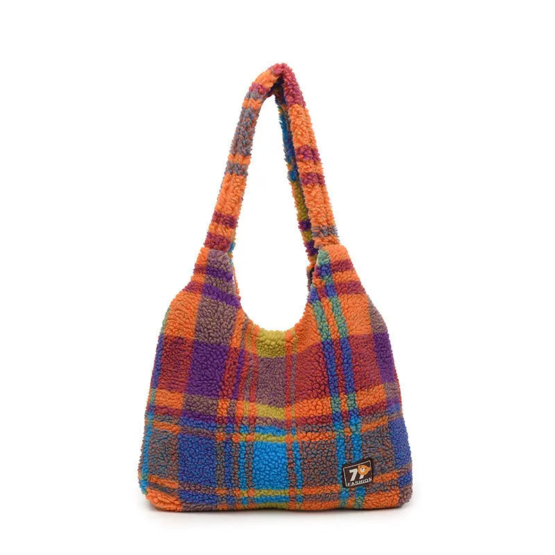 Women's soft plush plaid crossbody tote bag in Army Green colour showing front view and shoulder strap