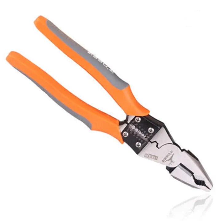 Orange-handled multi-function wire cutter pliers with alloy steel jaws for cutting and stripping wire.