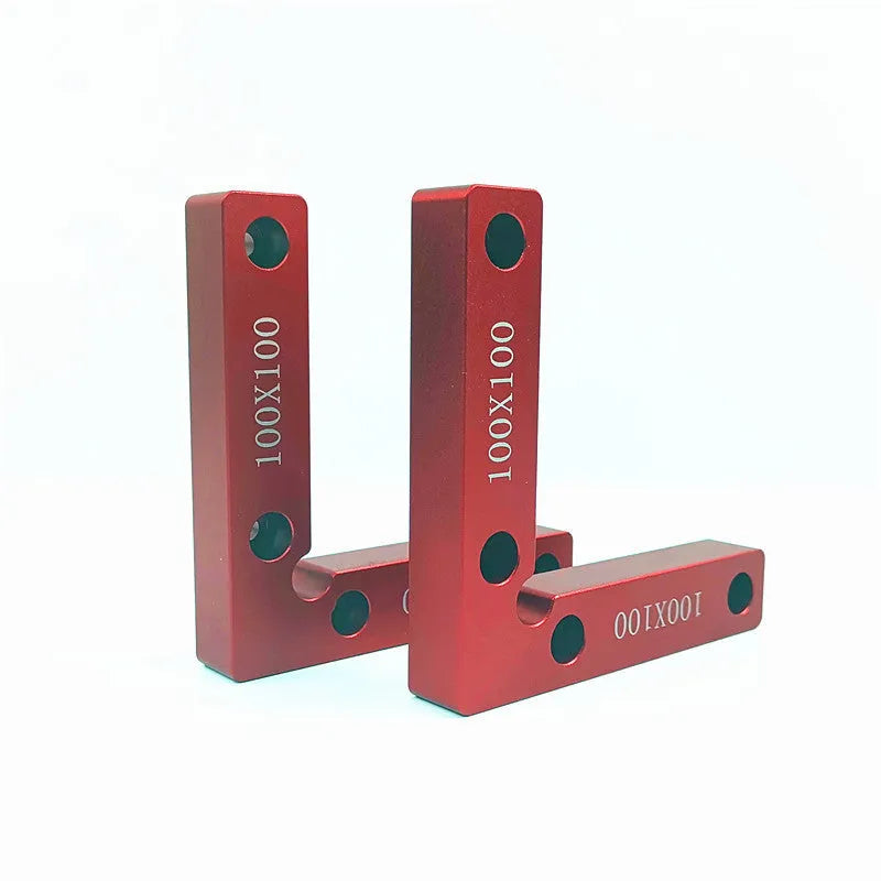 Aluminium right angle positioning block for woodworking jigsaw, showing scale and 90-degree clamp.