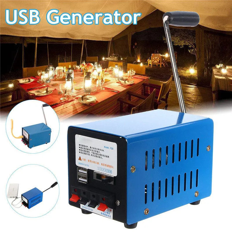 Blue metal USB hand crank emergency power generator with multiple voltage outputs