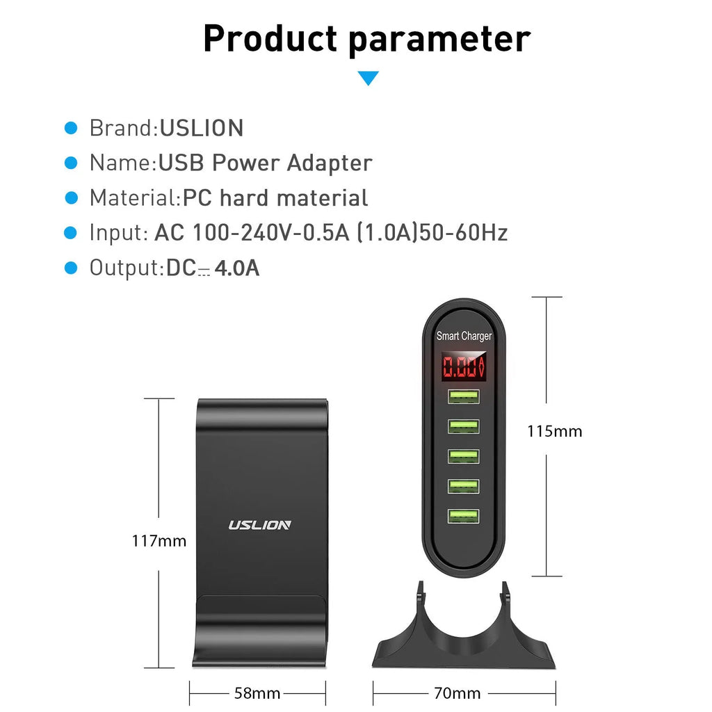 Smart LED digital display USB wall charger in black showing voltage readouts