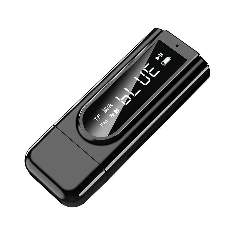 Black USB car FM Bluetooth receiver with Bluetooth 5.0 for wireless audio playback.
