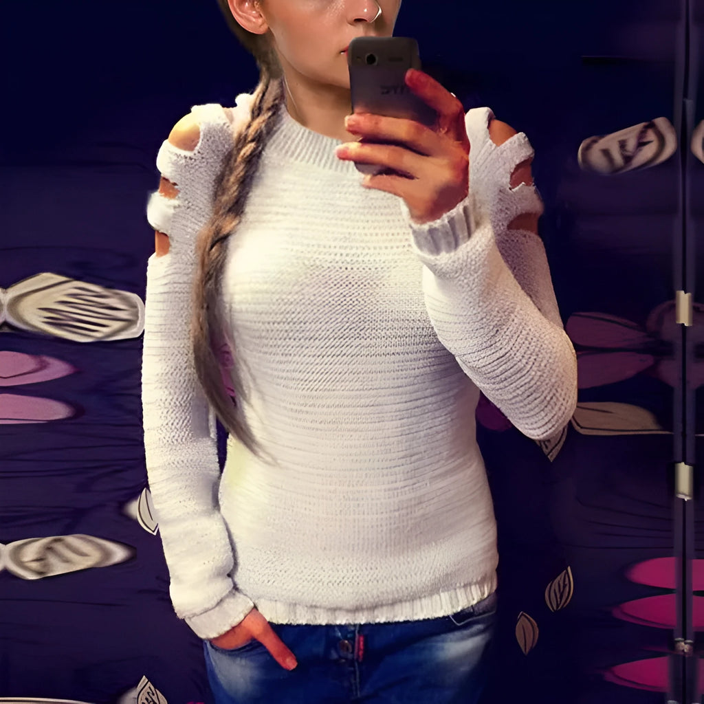 Women's grey knitted pullover shirt with round neck and crocheted hollow-out long sleeves