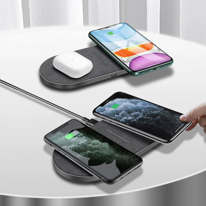 Black wireless charger pair with 10W quick charge capability and status indicator lights