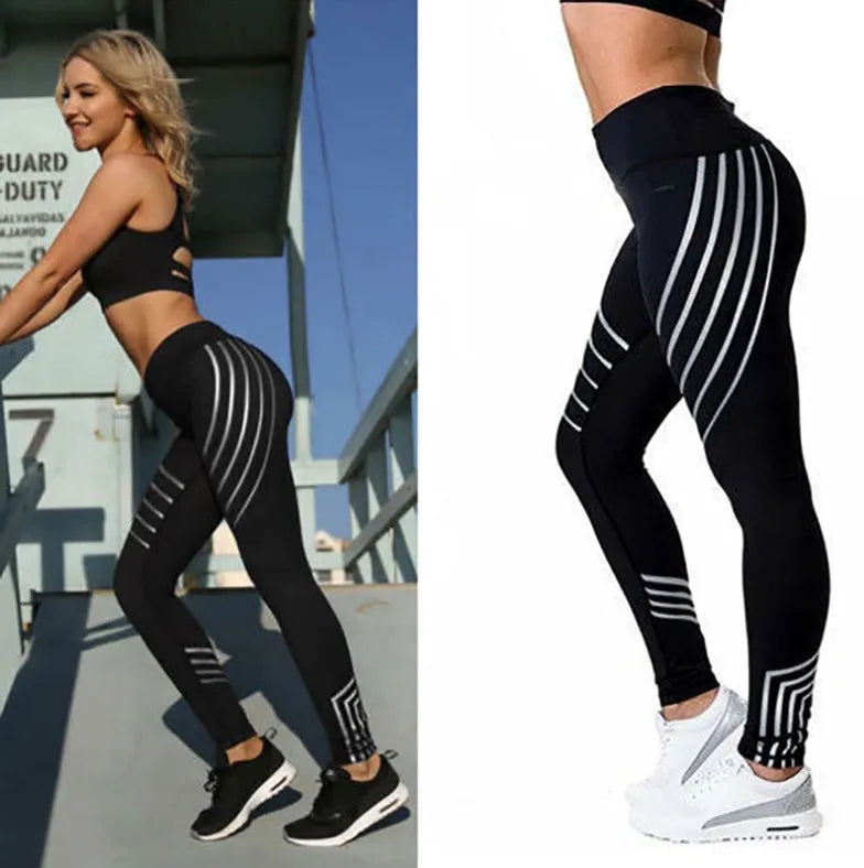 Women's black fitness leggings with glowing night print pattern, slim fit pencil pants style