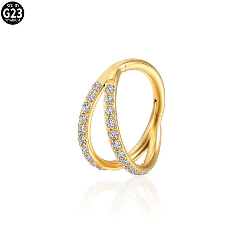 G23 titanium alloy lip and nose ring with zircon monoclinic diamond treatment in steel or gold colour options