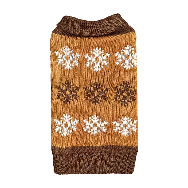 Grey and dark brown acrylic knit Christmas sweater for a dog on a festive background.