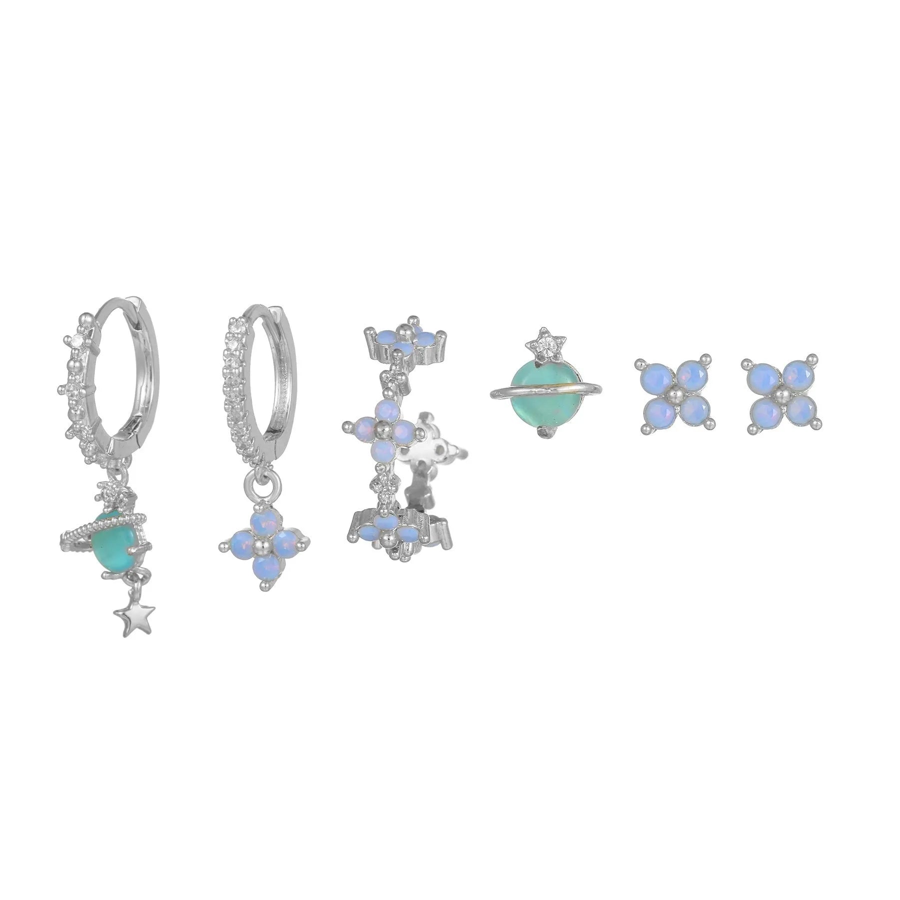 Gold and silver flower stud earrings with zircon mosaic detail in Japanese Korean style