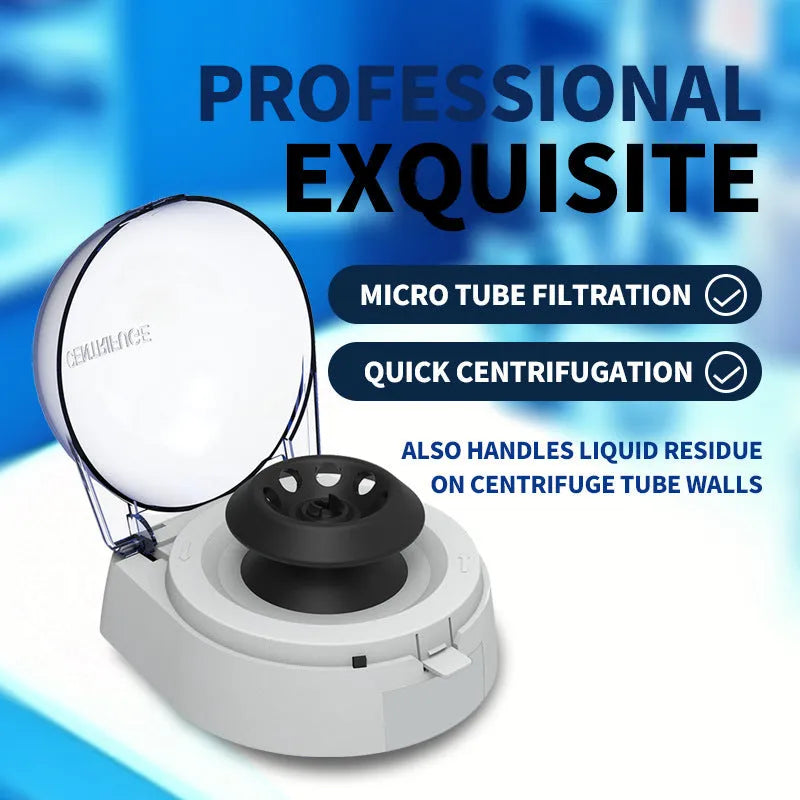 Mini laboratory centrifuge unit measuring 157x170x120mm with 7000 rpm maximum speed