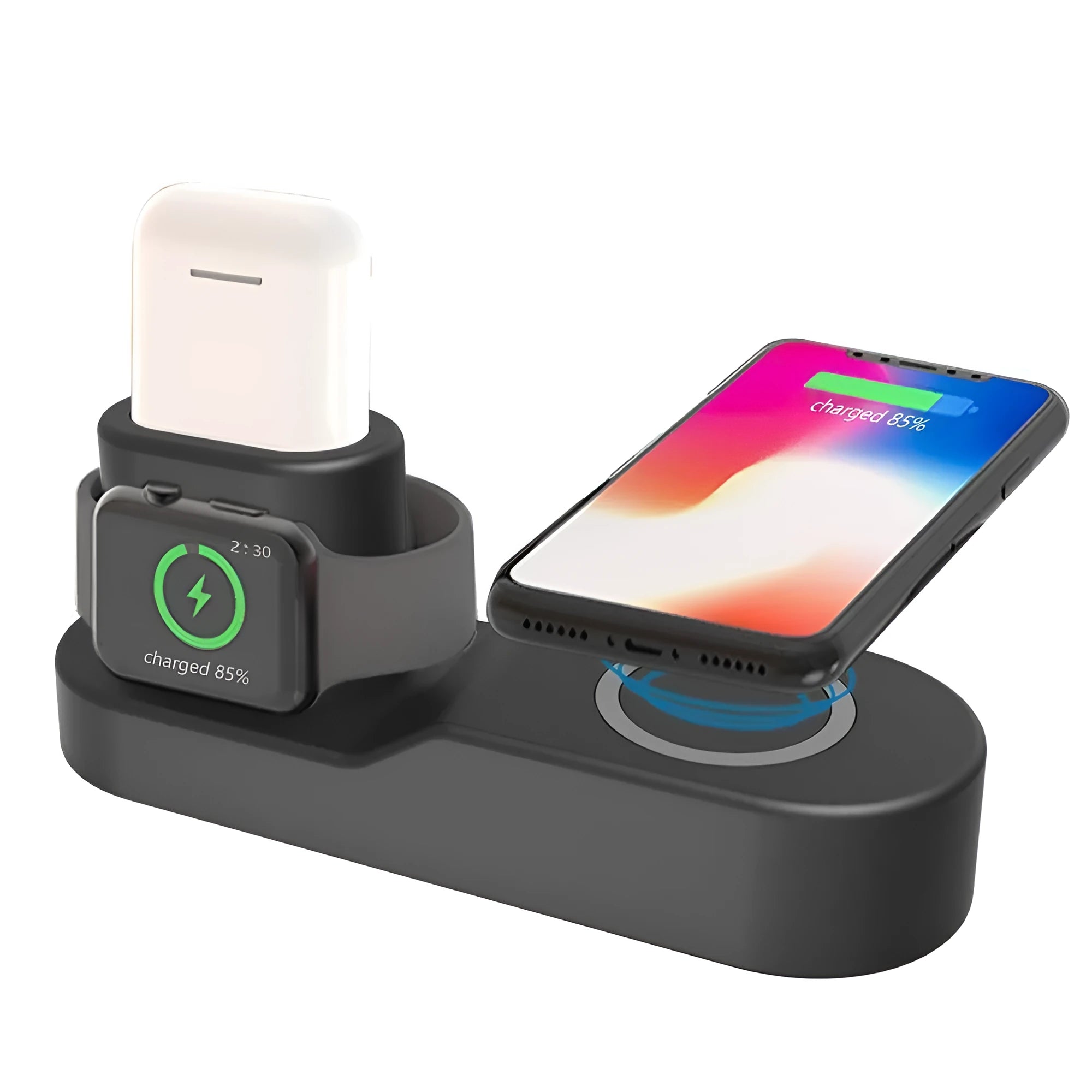 Black three-in-one wireless charging station for Apple iPhone, AirPods and Apple Watch with detachable magnetic charger