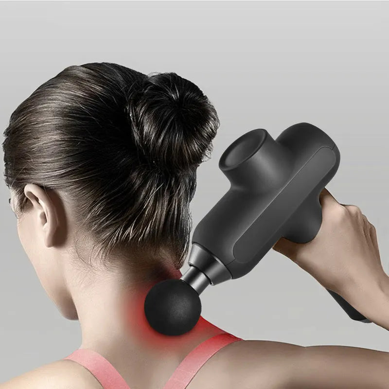 Rechargeable electric muscle massager with six different massage heads in black, white, or red colours