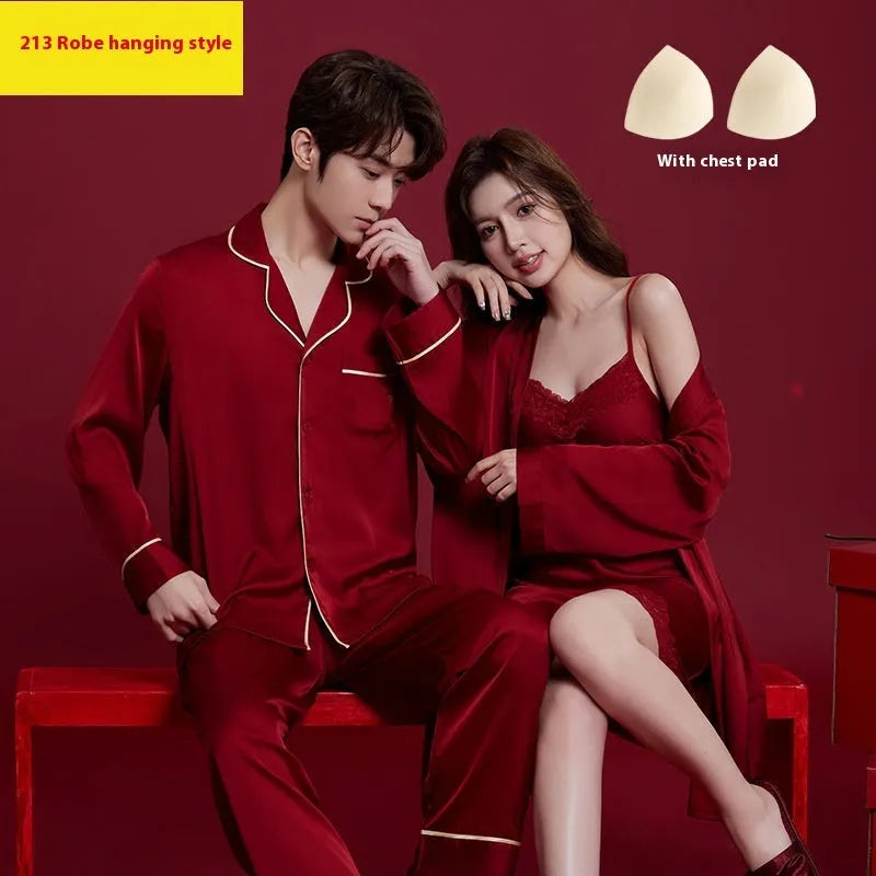 Red ice silk polyester pyjama set for men and women with long sleeves and trousers