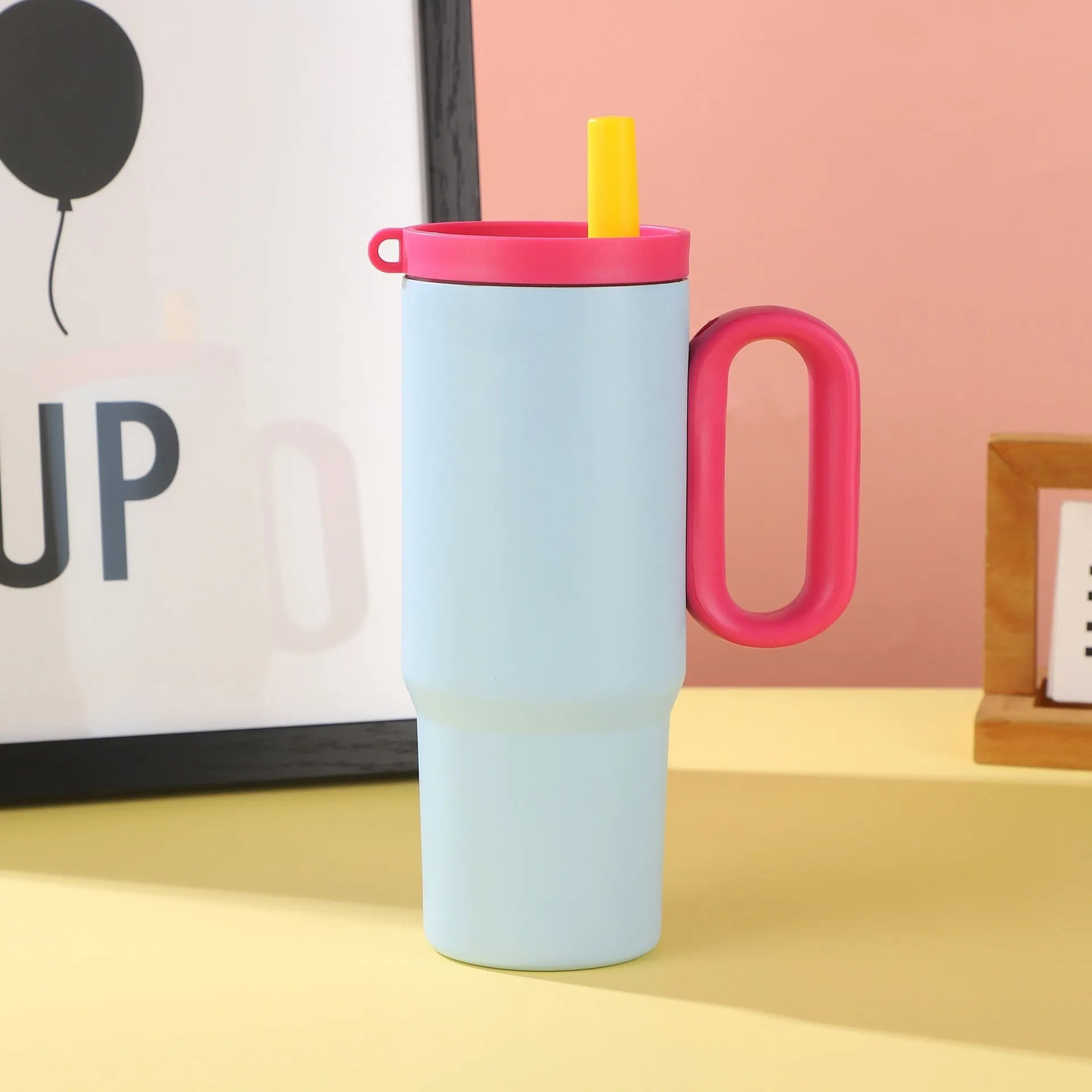 Large insulated straw drinking cup with carrying handle in multiple colour options