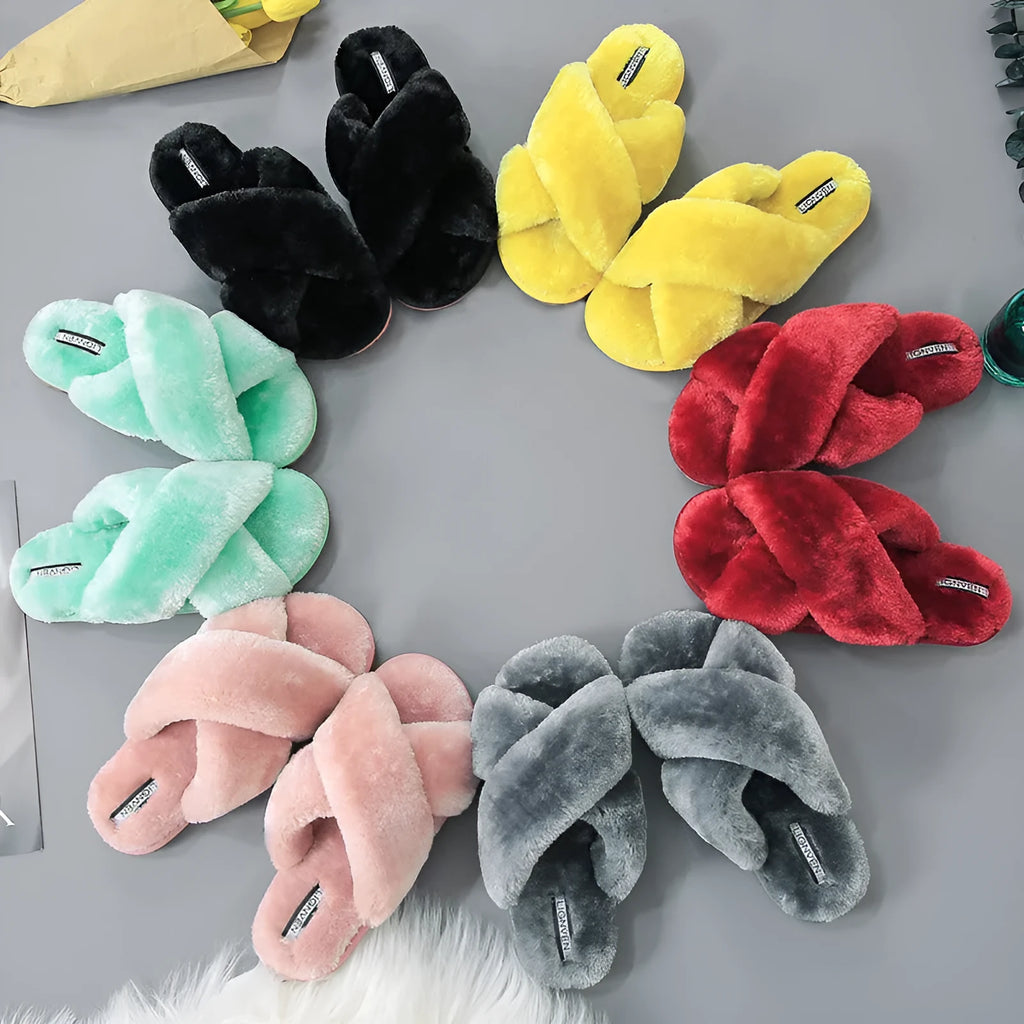 Cross open-toe fur slippers in pink with a patterned non-slip sole.