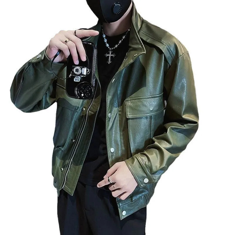Men's black PU leather pilot jacket with straight hem and side seam pockets, Korean style.