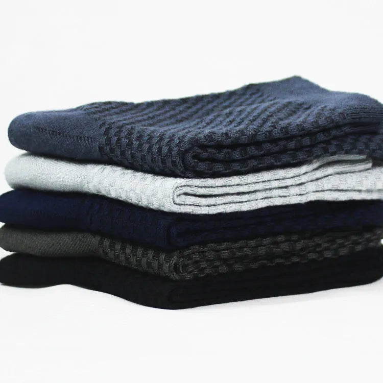 Men's bamboo fibre business socks with small square pattern in black, navy blue, and grey colours.