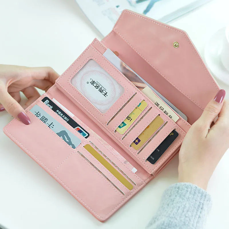 Fashion large capacity buckle three-fold leather clip wallet in five colour options.