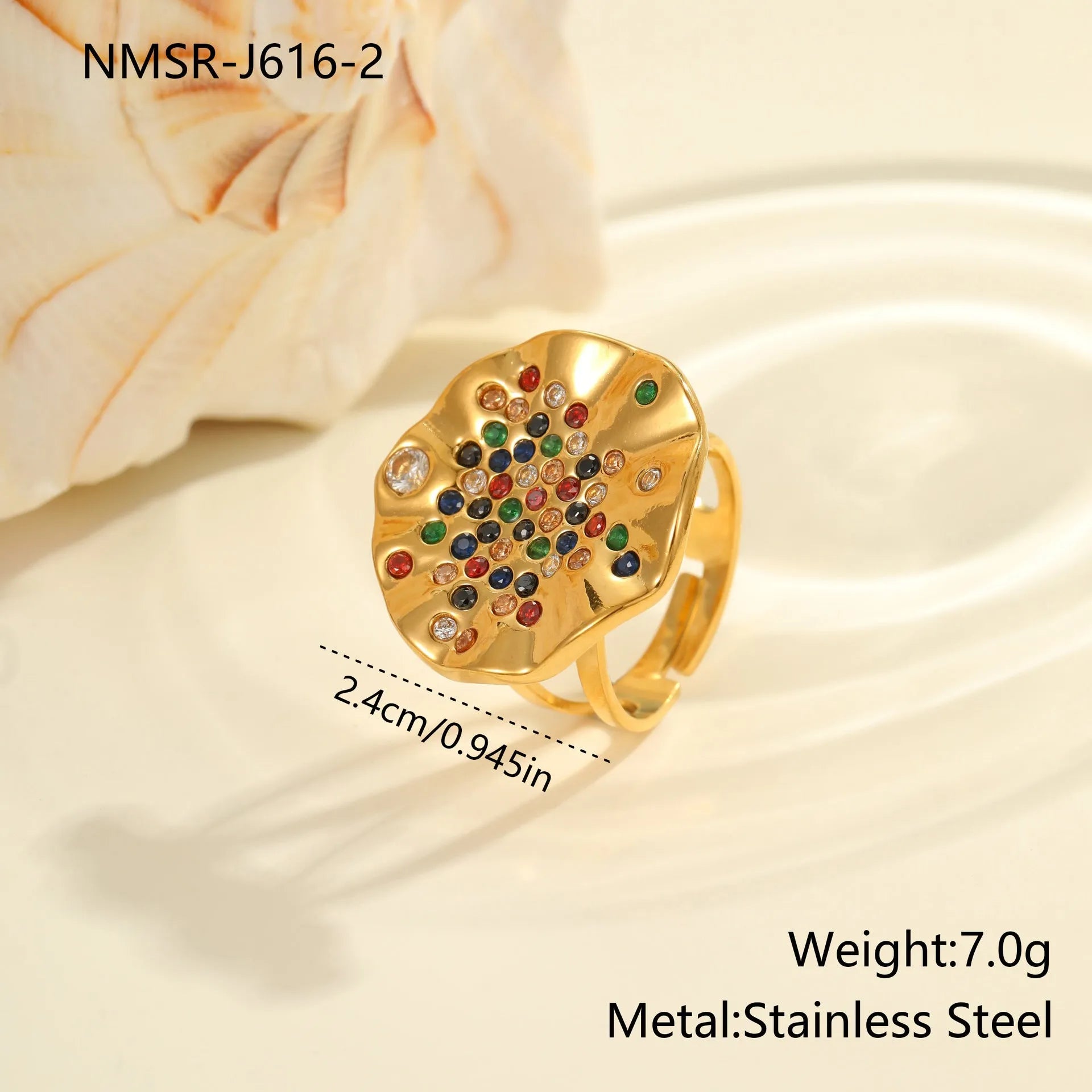 Pleated titanium steel ring with inlaid colour crystals, showing geometry design and adjustable open mouth