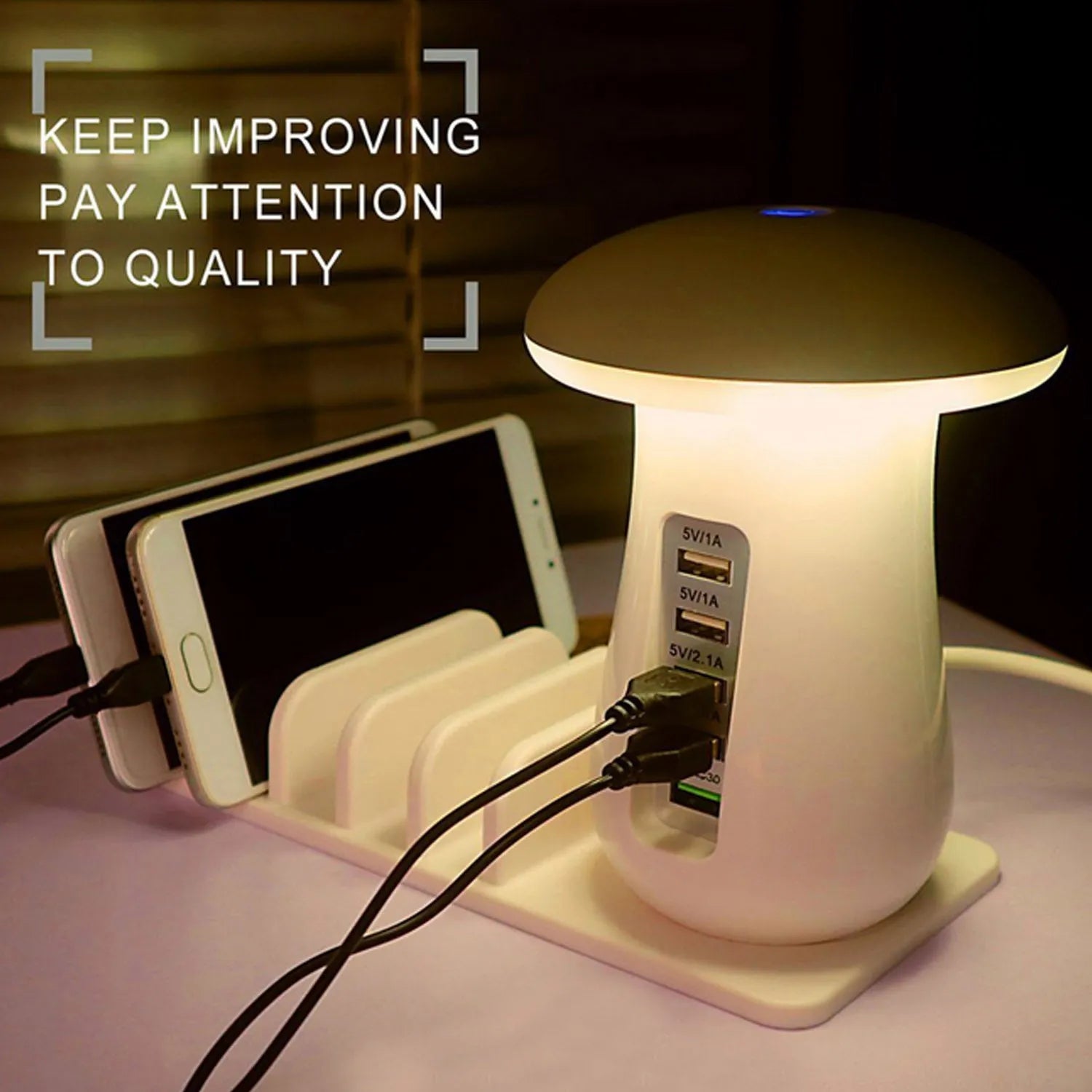 White mushroom-shaped USB charging dock with 5 ports and built-in LED night light on a desk