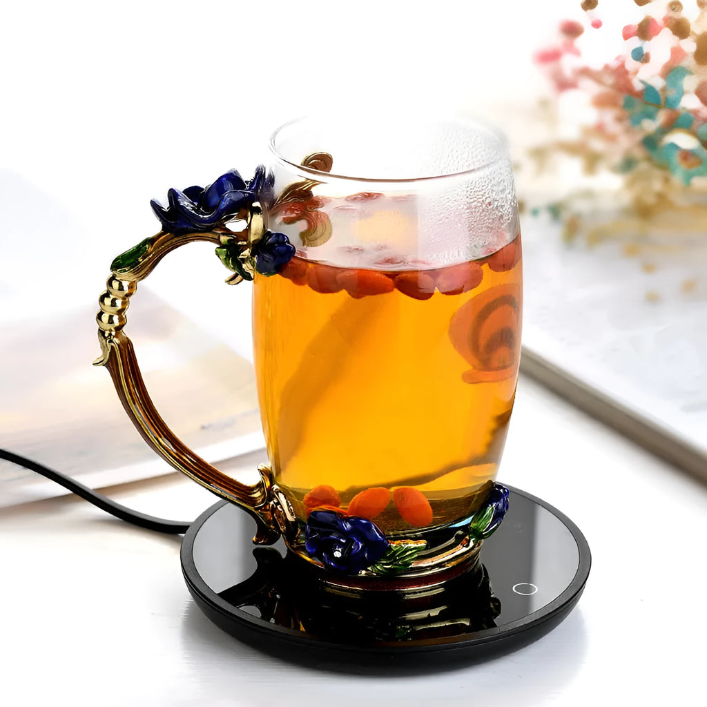 Black coffee mug warmer with temperature switch and waterproof design for home office use
