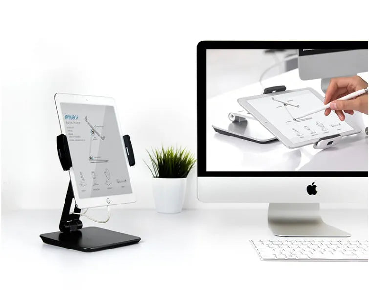 Silver folding aluminium desktop phone and tablet stand with 360° rotating base