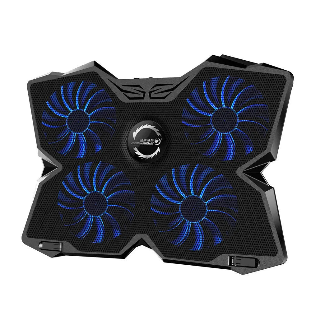 Blue laptop cooling base with four illuminated fans and two USB ports for computer heat dissipation