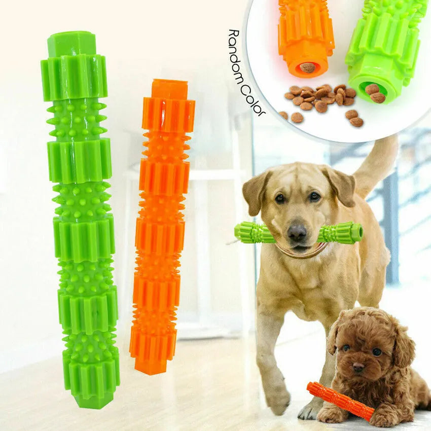 Green and orange rubber dog chew toy for aggressive chewers with treat dispensing hole